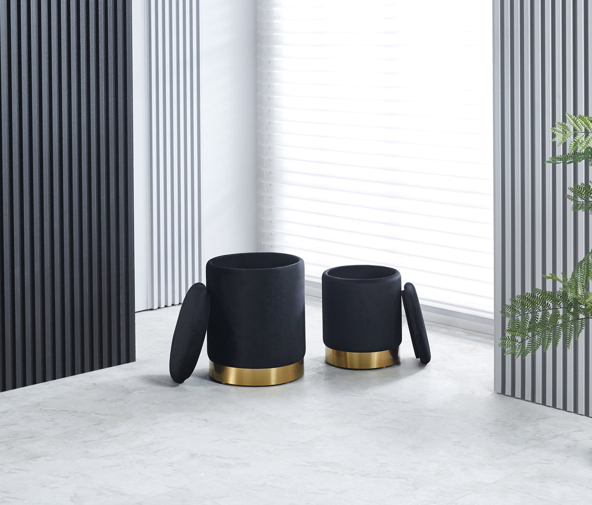 Set Di 2 Pouf Contenitori In Velluto Design Moderno Poggiapiedi,Sgabello Tondo con Coperchio Rimovibile e Seduta Imbottita Alta Densità Con Fascia In Metallo Contenitore Capiente Storage Box