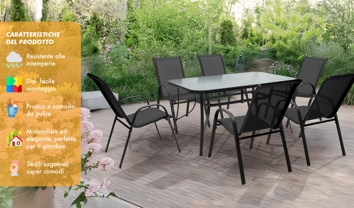 Set Tavolo Sedie Da Giardino 7 Pezzi, Tavolo Da Pranzo Terrazzo In Metallo Piano In Vetro Con Foro Ombrellone 6 Sedia Da Esterno Impilabili Con Schienale Alto,Veranda