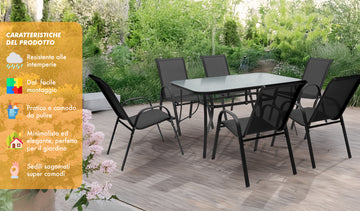 Set Giardino 7 Pezzi Outsunny - Tavolo Vetro Temperato E 6 Sedie Rete Grigio, Perfecto Per Esterni - Foto 10