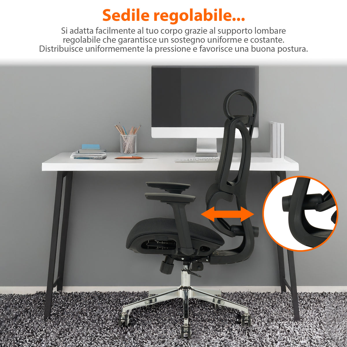 Sedia Da Ufficio Elegante Poltrona Direzionale Ergonomica Design Moderno Colore Nero Rivestimento Ecopelle Base Cromata Ruote Silenzione Seduta Scrivania Sala Riunioni Schienale Alto