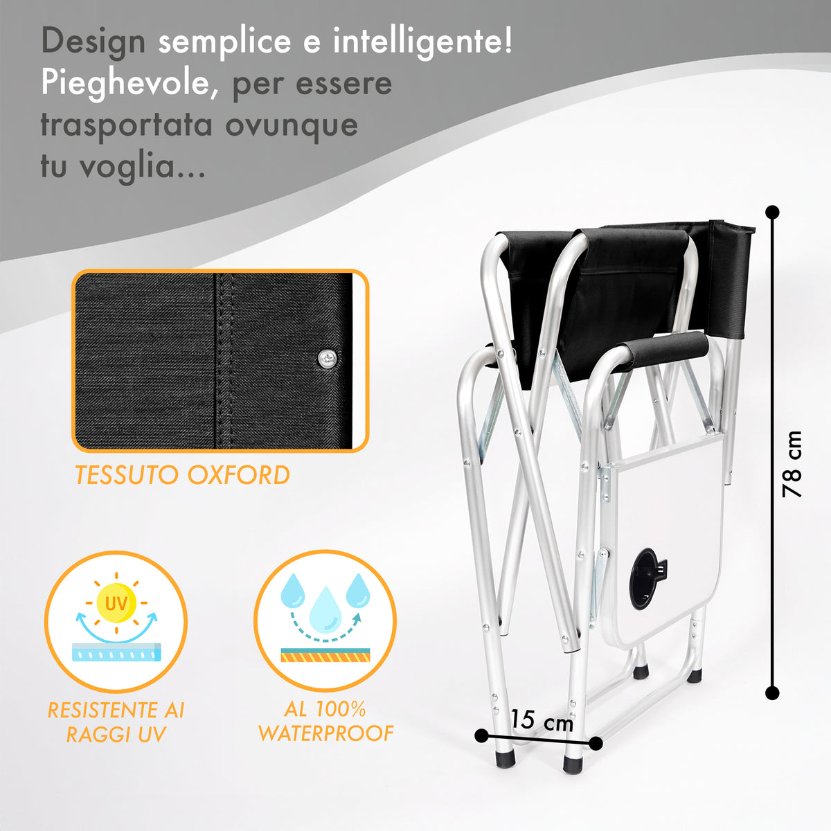 Sedia Sgabello Regista Poltrona Pieghevole in Alluminio Lavabile Leggera Lavabile con Tavolino Porta Bibite Incluso Campeggio Mare Spiaggia