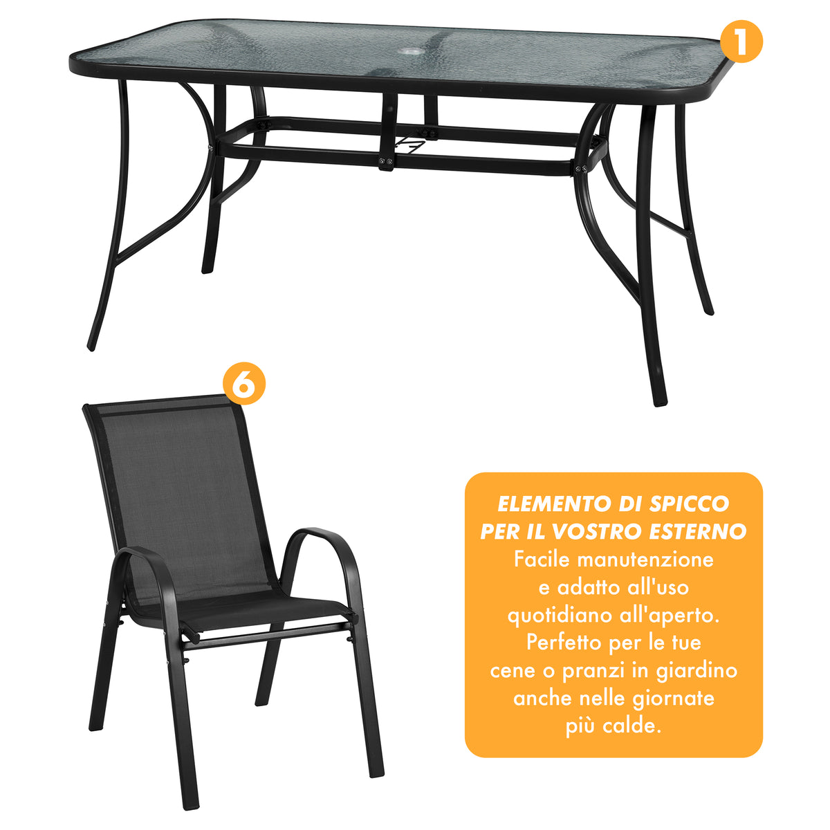 Set Tavolo Sedie Da Giardino 7 Pezzi, Tavolo Da Pranzo Terrazzo In Metallo Piano In Vetro Con Foro Ombrellone 6 Sedia Da Esterno Impilabili Con Schienale Alto,Veranda