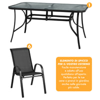 Set Tavolo Sedie Da Giardino 7 Pezzi, Tavolo Da Pranzo Terrazzo In Metallo Piano In Vetro Con Foro Ombrellone 6 Sedia Da Esterno Impilabili Con Schienale Alto,Veranda