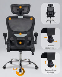 Sedia Da Ufficio Professionale Ergonomica Rete Traspirante Supporto Lombare Adattivo Poltrona Direzionale Poggiatesta Regolabile Braccioli Ribaltabili  Fino 150 Kg