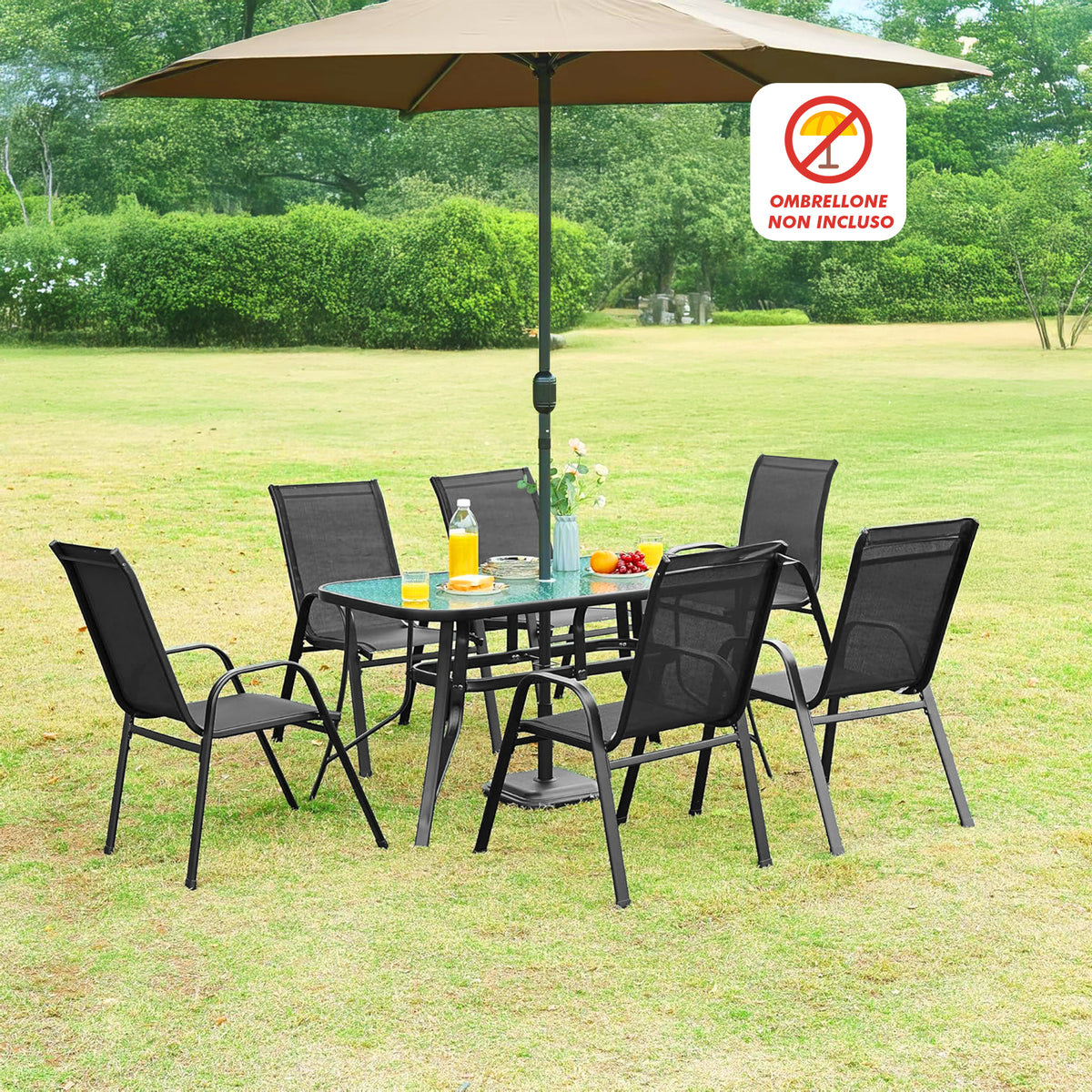 Set Tavolo Sedie Da Giardino 7 Pezzi, Tavolo Da Pranzo Terrazzo In Metallo Piano In Vetro Con Foro Ombrellone 6 Sedia Da Esterno Impilabili Con Schienale Alto,Veranda