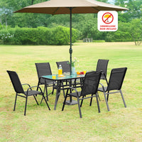 Set Tavolo Sedie Da Giardino 7 Pezzi, Tavolo Da Pranzo Terrazzo In Metallo Piano In Vetro Con Foro Ombrellone 6 Sedia Da Esterno Impilabili Con Schienale Alto,Veranda