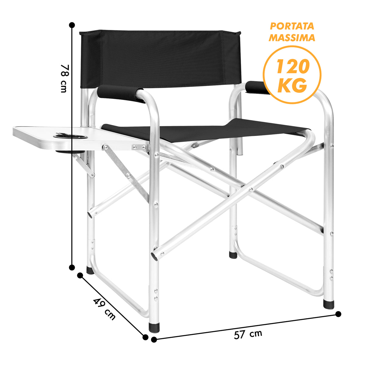 Sedia Sgabello Regista Poltrona Pieghevole in Alluminio Lavabile Leggera Lavabile con Tavolino Porta Bibite Incluso Campeggio Mare Spiaggia