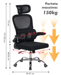 Sedia Da Ufficio Professionale Ergonomica Rete Traspirante Supporto Lombare Adattivo Poltrona Direzionale Poggiatesta Regolabile Braccioli Ribaltabili  Fino 150 Kg