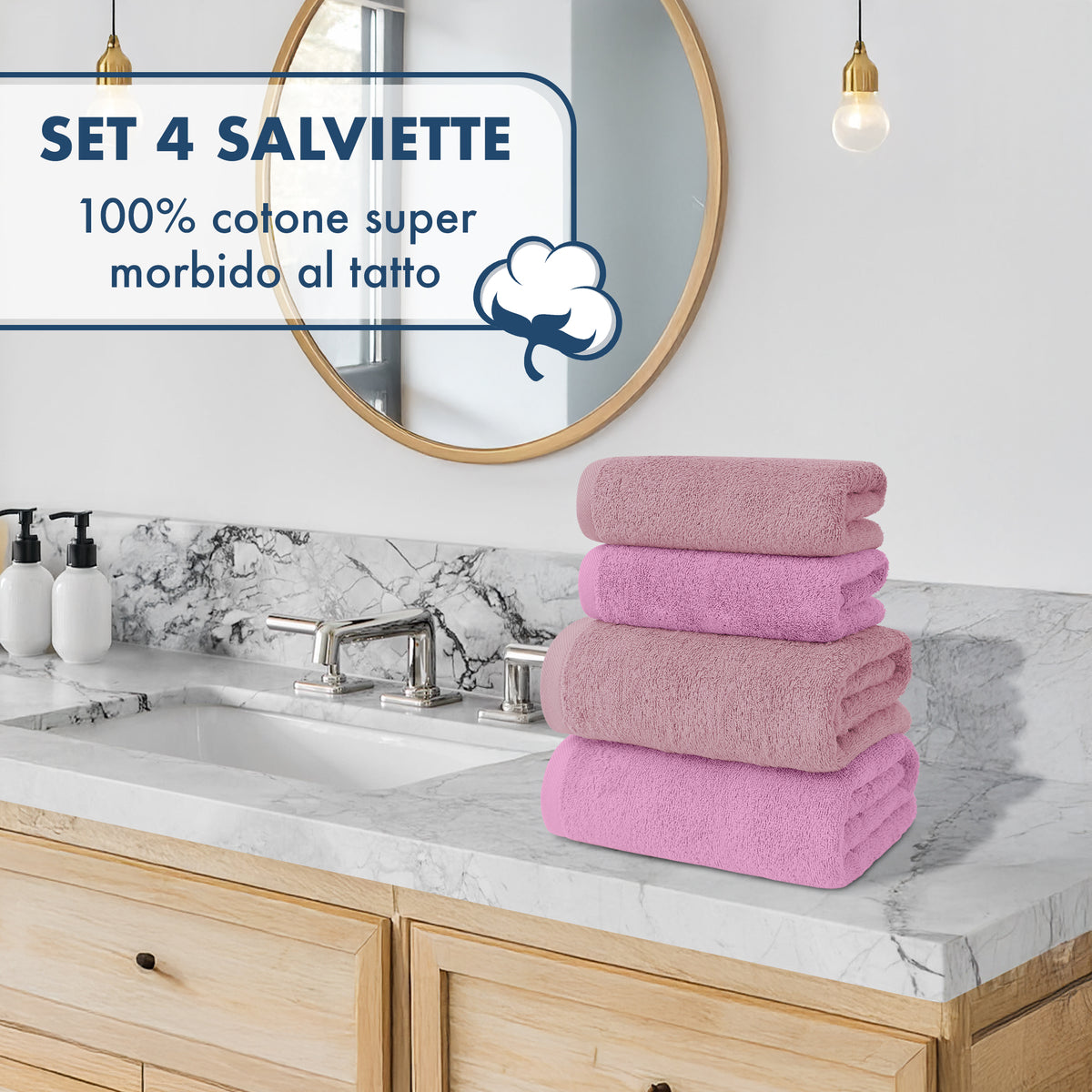 Asciugamani Bagno 100% Spugna Puro Cotone 500 Gr 4 Pezzi 2 Salvietta Viso 2 Asciugamano Ospite Mani Qualità Certificato Oeko-Tex Salviette Super Morbide Bicolore
