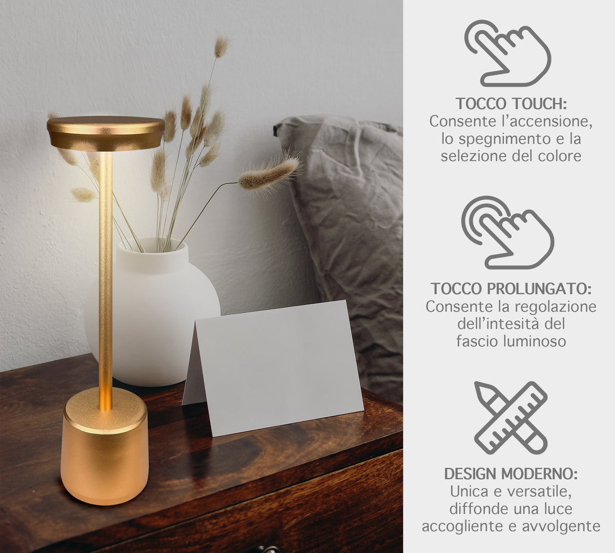 Coppia Di Lampada Da Tavolo LED Set 2 Pezzi Design Moderno Senza Fili Ricaricabile Controllo Touch Selezione Colore Intensità Dimmerabile Altezza Regolabile Con Adattatore Per Bottiglia 3000/4500/600K