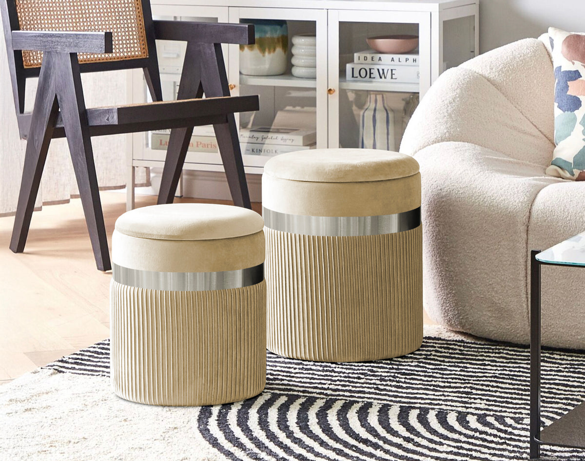 Set Di 2 Pouf Contenitori In Velluto Design Moderno Poggiapiedi,Sgabello Tondo con Coperchio Rimovibile e Seduta Imbottita Alta Densità Con Fascia In Metallo Contenitore Capiente Storage Box