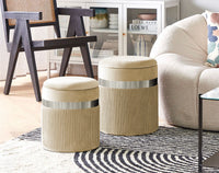 Set Di 2 Pouf Contenitori In Velluto Design Moderno Poggiapiedi,Sgabello Tondo con Coperchio Rimovibile e Seduta Imbottita Alta Densità Con Fascia In Metallo Contenitore Capiente Storage Box