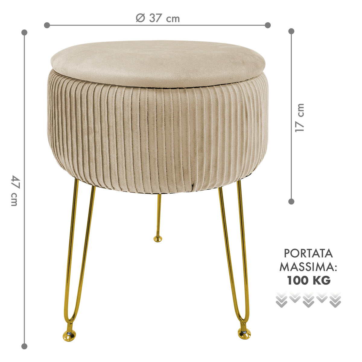 Pouf Rotondo In Velluto Con Contenitore Portaoggetti Sgabello Toeletta Trucco Tavolino Caffè Ripiano Legno Salotto Poggiapiedi Con Gambe Color Oro