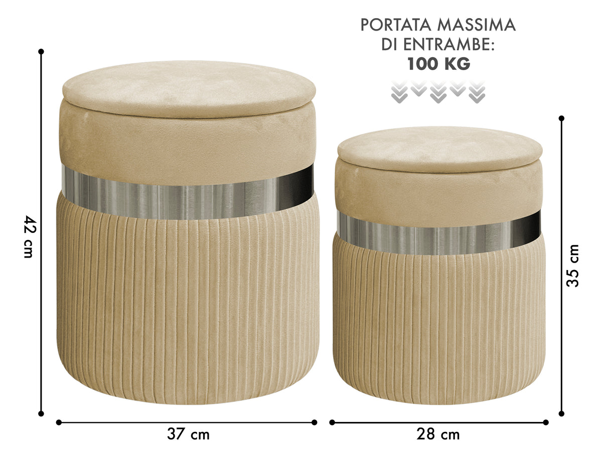 Set Di 2 Pouf Contenitori In Velluto Design Moderno Poggiapiedi,Sgabello Tondo con Coperchio Rimovibile e Seduta Imbottita Alta Densità Con Fascia In Metallo Contenitore Capiente Storage Box