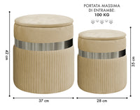 Set Di 2 Pouf Contenitori In Velluto Design Moderno Poggiapiedi,Sgabello Tondo con Coperchio Rimovibile e Seduta Imbottita Alta Densità Con Fascia In Metallo Contenitore Capiente Storage Box