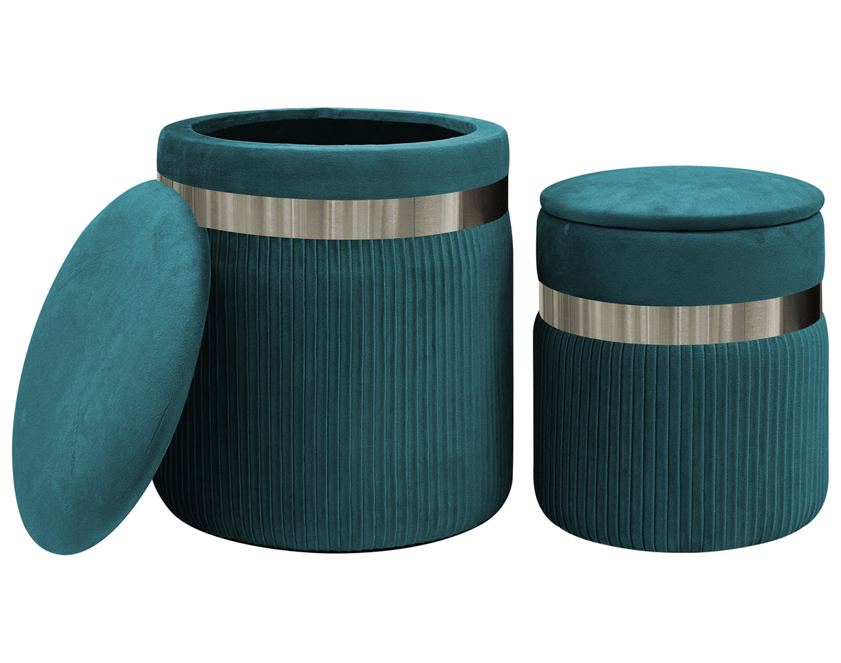 Set Di 2 Pouf Contenitori In Velluto Design Moderno Poggiapiedi,Sgabello Tondo con Coperchio Rimovibile e Seduta Imbottita Alta Densità Con Fascia In Metallo Contenitore Capiente Storage Box