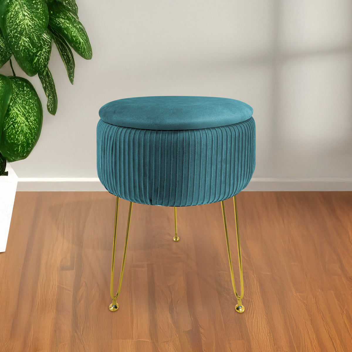 Pouf Rotondo In Velluto Con Contenitore Portaoggetti Sgabello Toeletta Trucco Tavolino Caffè Ripiano Legno Salotto Poggiapiedi Con Gambe Color Oro