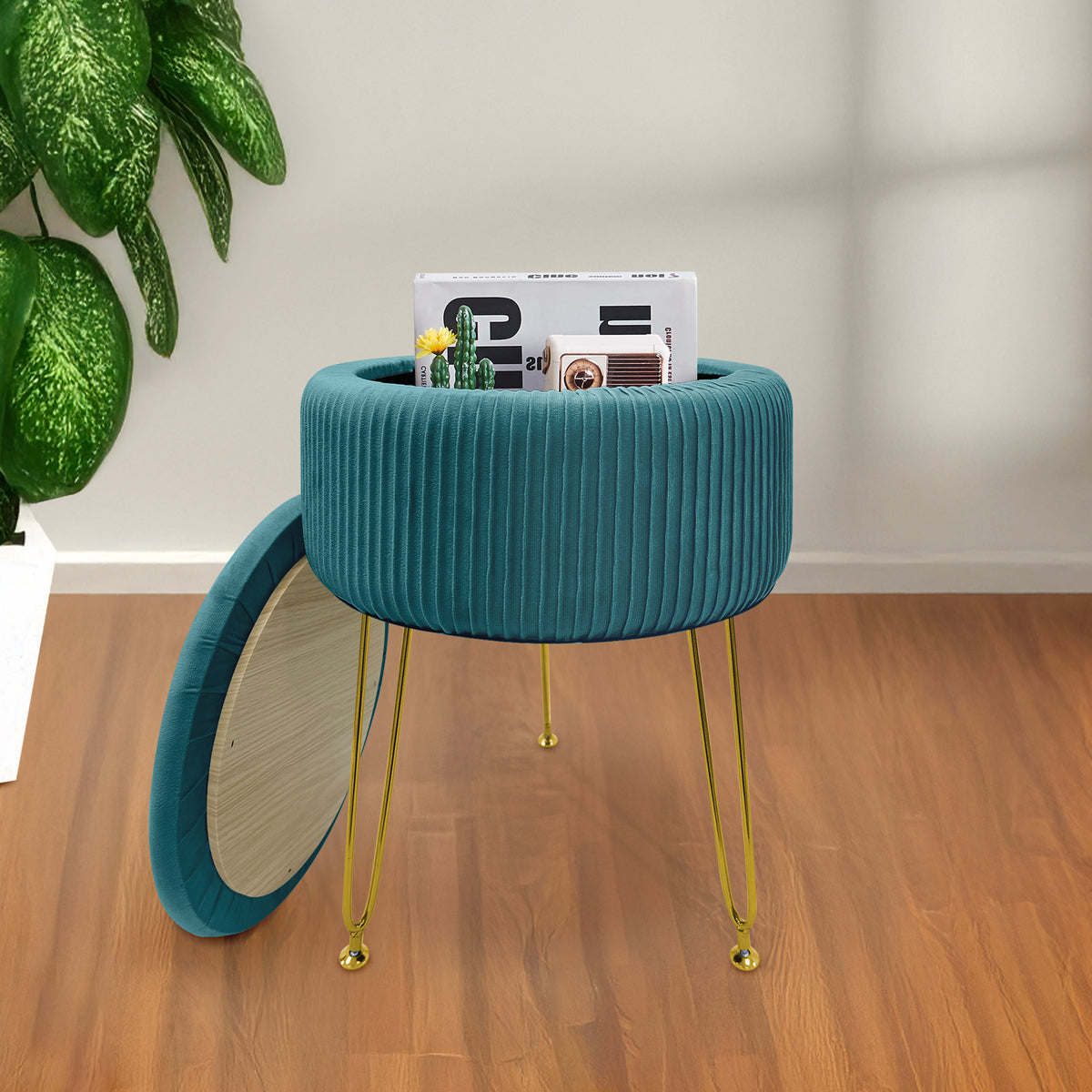 Pouf Rotondo In Velluto Con Contenitore Portaoggetti Sgabello Toeletta Trucco Tavolino Caffè Ripiano Legno Salotto Poggiapiedi Con Gambe Color Oro