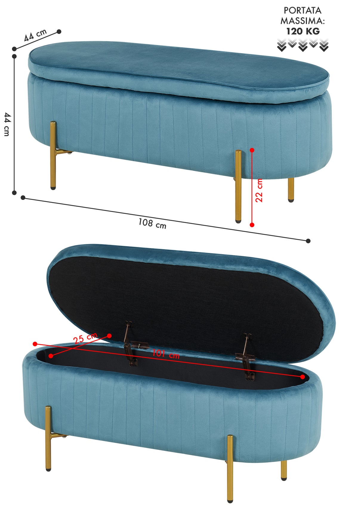 Panca Imbottita Divanetto In Velluto Contenitore Pouf Grande XXL PortaOggetti  Panca Sgabello A Pie Di Letto Con Gambe In Metallo Dorato Cassapanca Ingresso Legno Massello Panchina