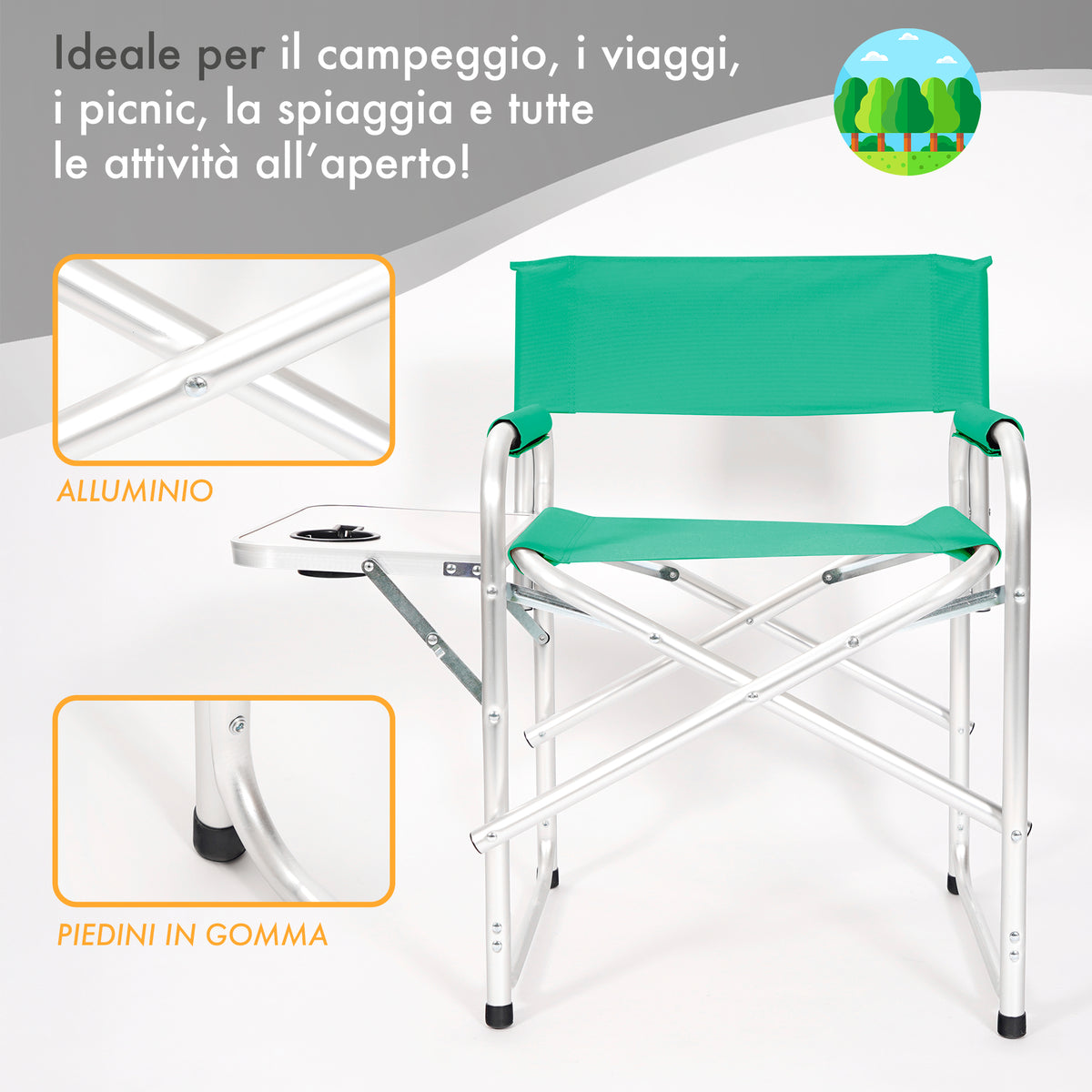 Sedia Sgabello Regista Poltrona Pieghevole in Alluminio Lavabile Leggera Lavabile con Tavolino Porta Bibite Incluso Campeggio Mare Spiaggia