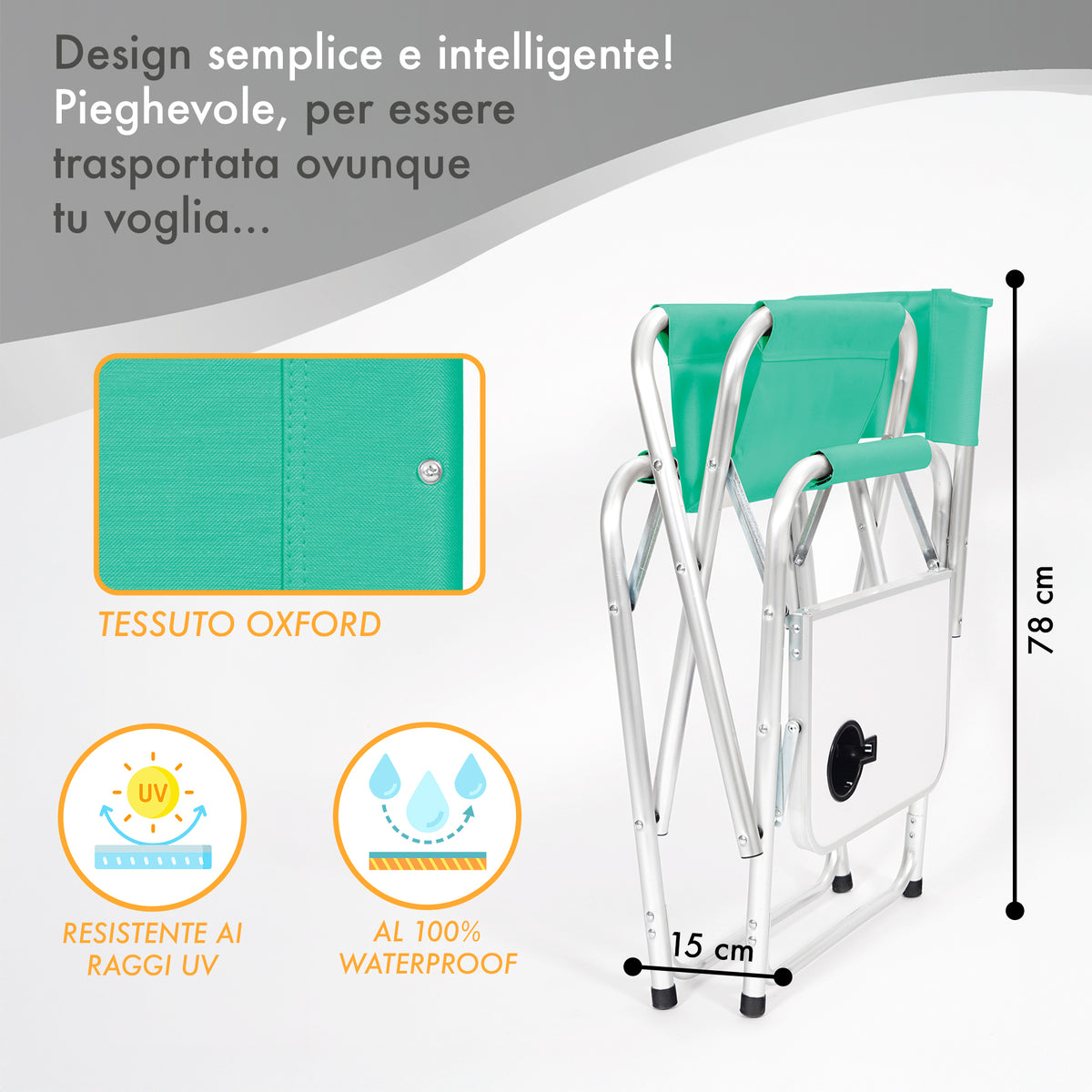 Sedia Sgabello Regista Poltrona Pieghevole in Alluminio Lavabile Leggera Lavabile con Tavolino Porta Bibite Incluso Campeggio Mare Spiaggia