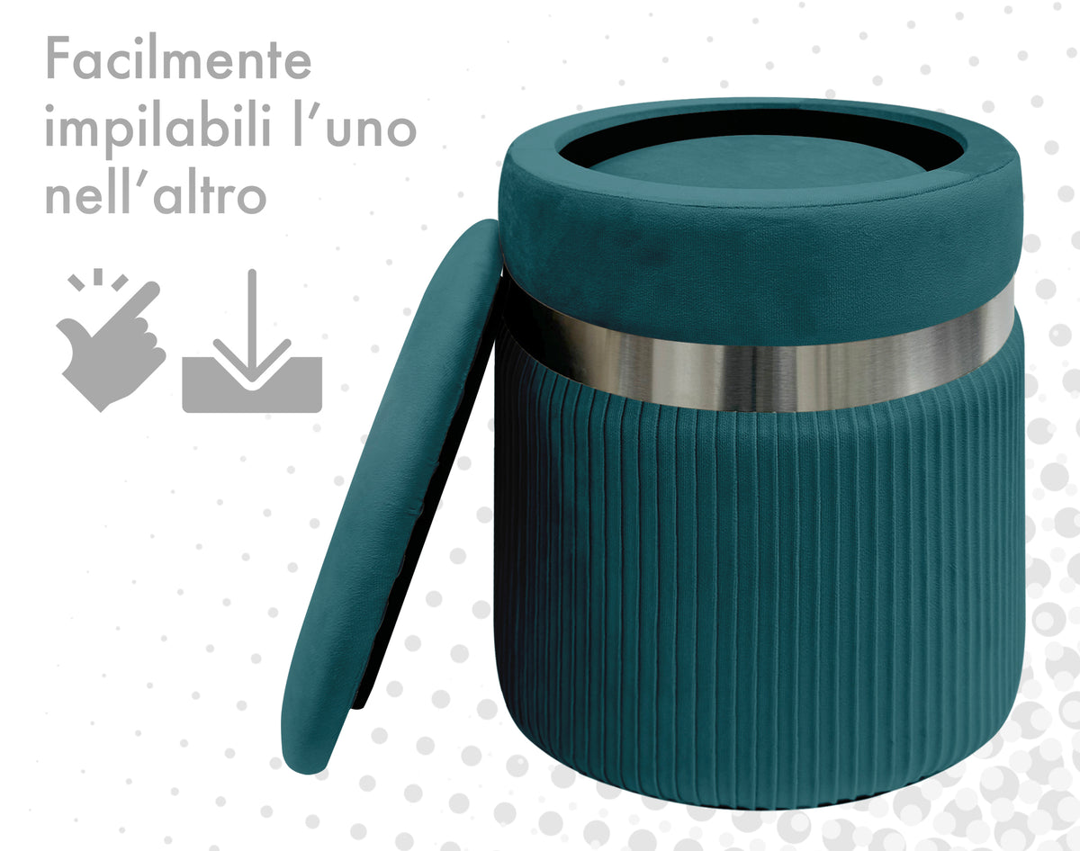 Set Di 2 Pouf Contenitori In Velluto Design Moderno Poggiapiedi,Sgabello Tondo con Coperchio Rimovibile e Seduta Imbottita Alta Densità Con Fascia In Metallo Contenitore Capiente Storage Box