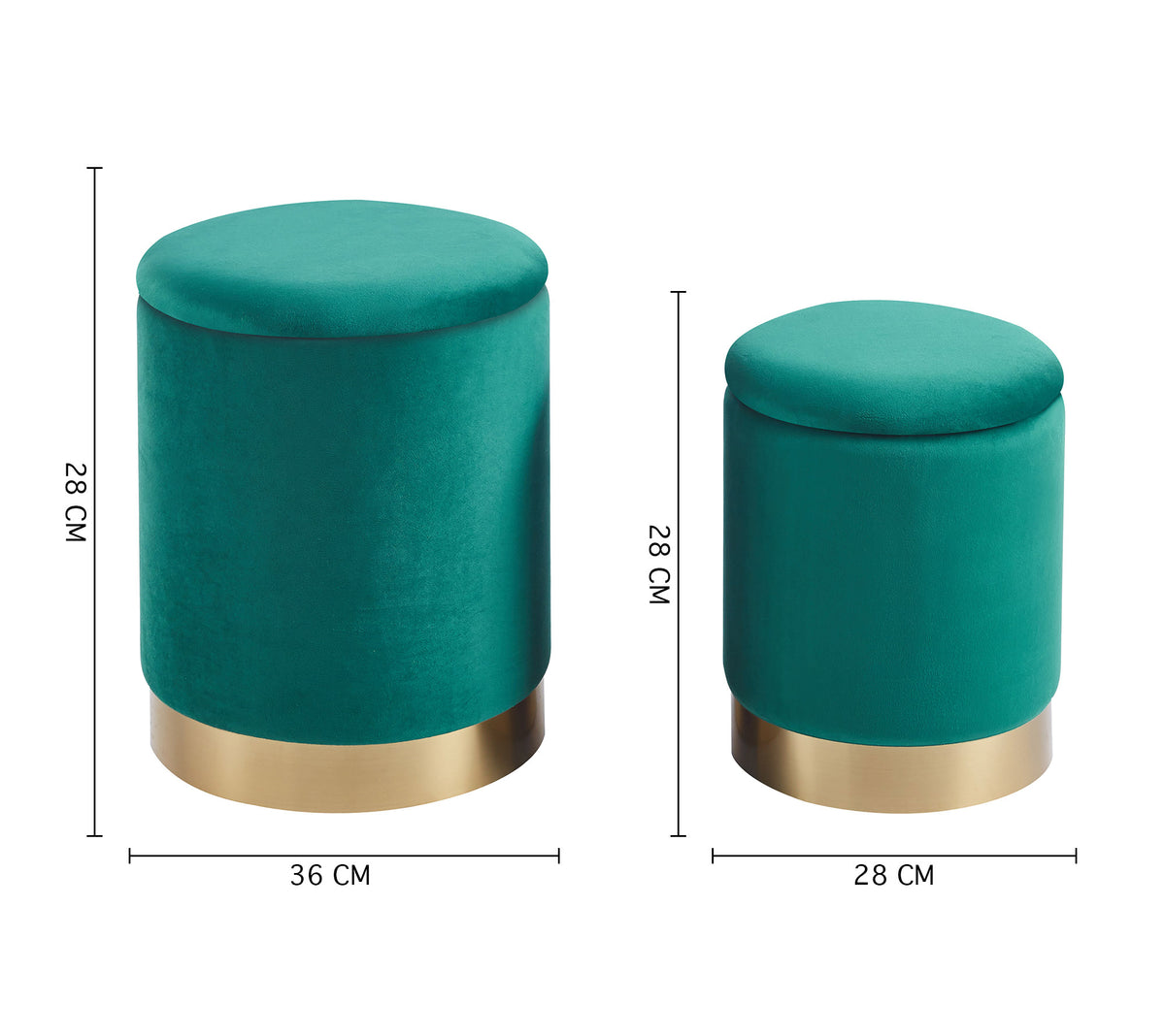 Set Di 2 Pouf Contenitori In Velluto Design Moderno Poggiapiedi,Sgabello Tondo con Coperchio Rimovibile e Seduta Imbottita Alta Densità Con Fascia In Metallo Contenitore Capiente Storage Box