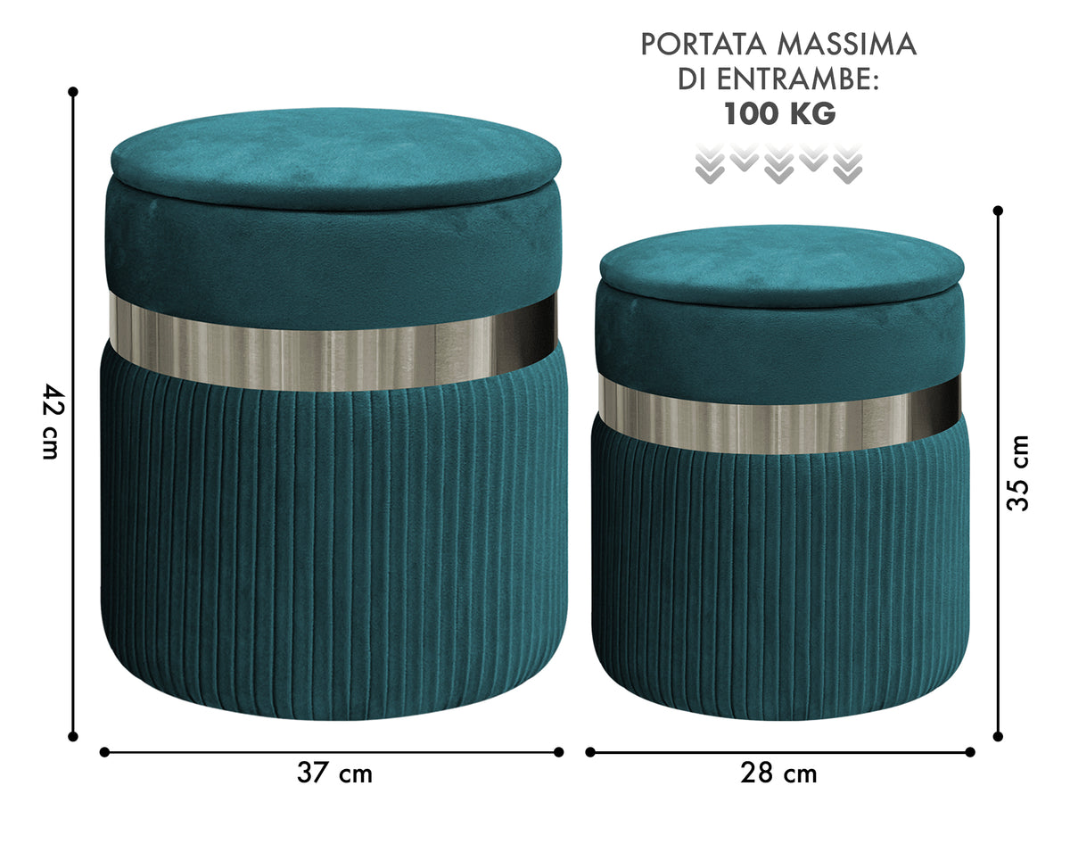 Set Di 2 Pouf Contenitori In Velluto Design Moderno Poggiapiedi,Sgabello Tondo con Coperchio Rimovibile e Seduta Imbottita Alta Densità Con Fascia In Metallo Contenitore Capiente Storage Box