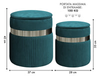 Set Di 2 Pouf Contenitori In Velluto Design Moderno Poggiapiedi,Sgabello Tondo con Coperchio Rimovibile e Seduta Imbottita Alta Densità Con Fascia In Metallo Contenitore Capiente Storage Box