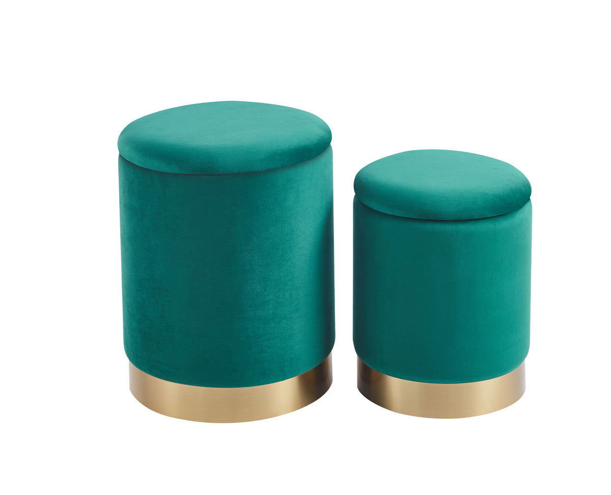 Set Di 2 Pouf Contenitori In Velluto Design Moderno Poggiapiedi,Sgabello Tondo con Coperchio Rimovibile e Seduta Imbottita Alta Densità Con Fascia In Metallo Contenitore Capiente Storage Box