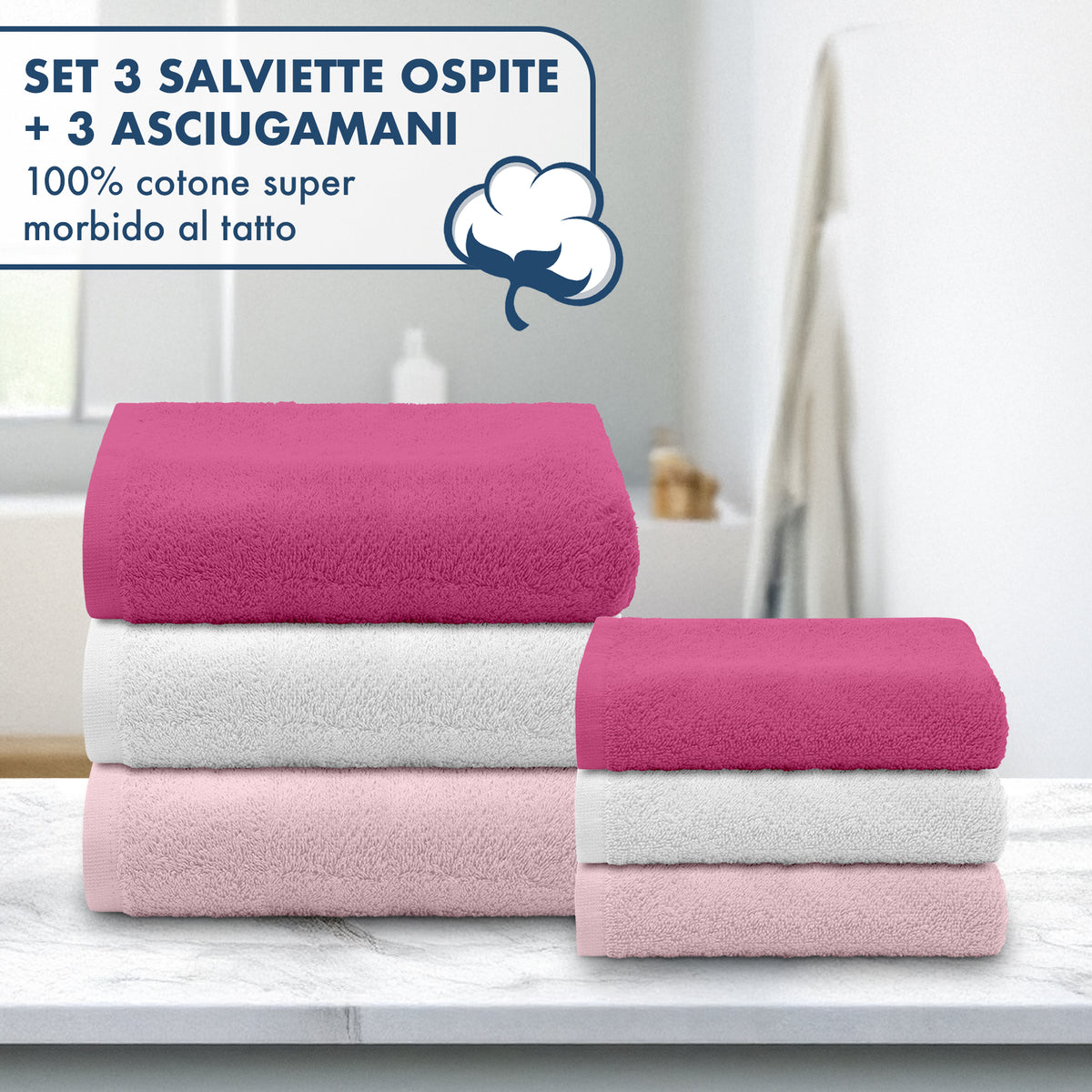 Asciugamani Bagno 100% Spugna Puro Cotone 450 Gr 6 Pezzi 3 Salvietta Viso 3 Asciugamano Ospite Mani Qualità Salviette Super Morbide Bicolore