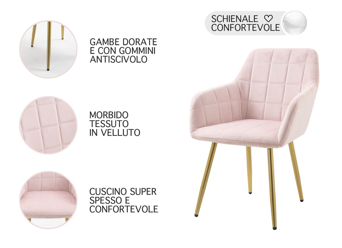 Poltroncina Classica con Braccioli per Camera da Letto in Velluto Design Moderno, con Gambe in Metallo Modello Odette