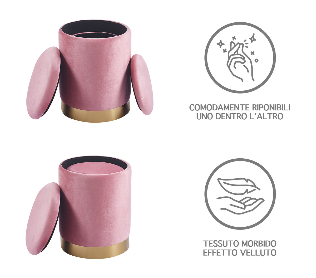 Set Di 2 Pouf Contenitori In Velluto Design Moderno Poggiapiedi,Sgabello Tondo con Coperchio Rimovibile e Seduta Imbottita Alta Densità Con Fascia In Metallo Contenitore Capiente Storage Box