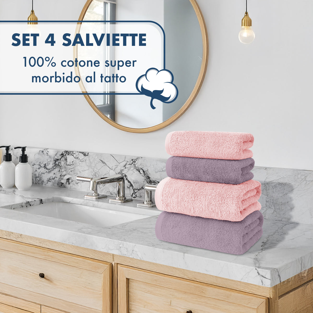 Asciugamani Bagno 100% Spugna Puro Cotone 500 Gr 4 Pezzi 2 Salvietta Viso 2 Asciugamano Ospite Mani Qualità Certificato Oeko-Tex Salviette Super Morbide Bicolore