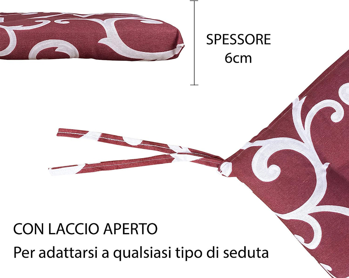 Set 4/6 Cuscini Barocco Sedia con Lacci 4 Punti Comodi Prodotto Italiano 40 x 40 in Cotone Imbottiti Spessore 6 Cm Lavorati a Mano Remage