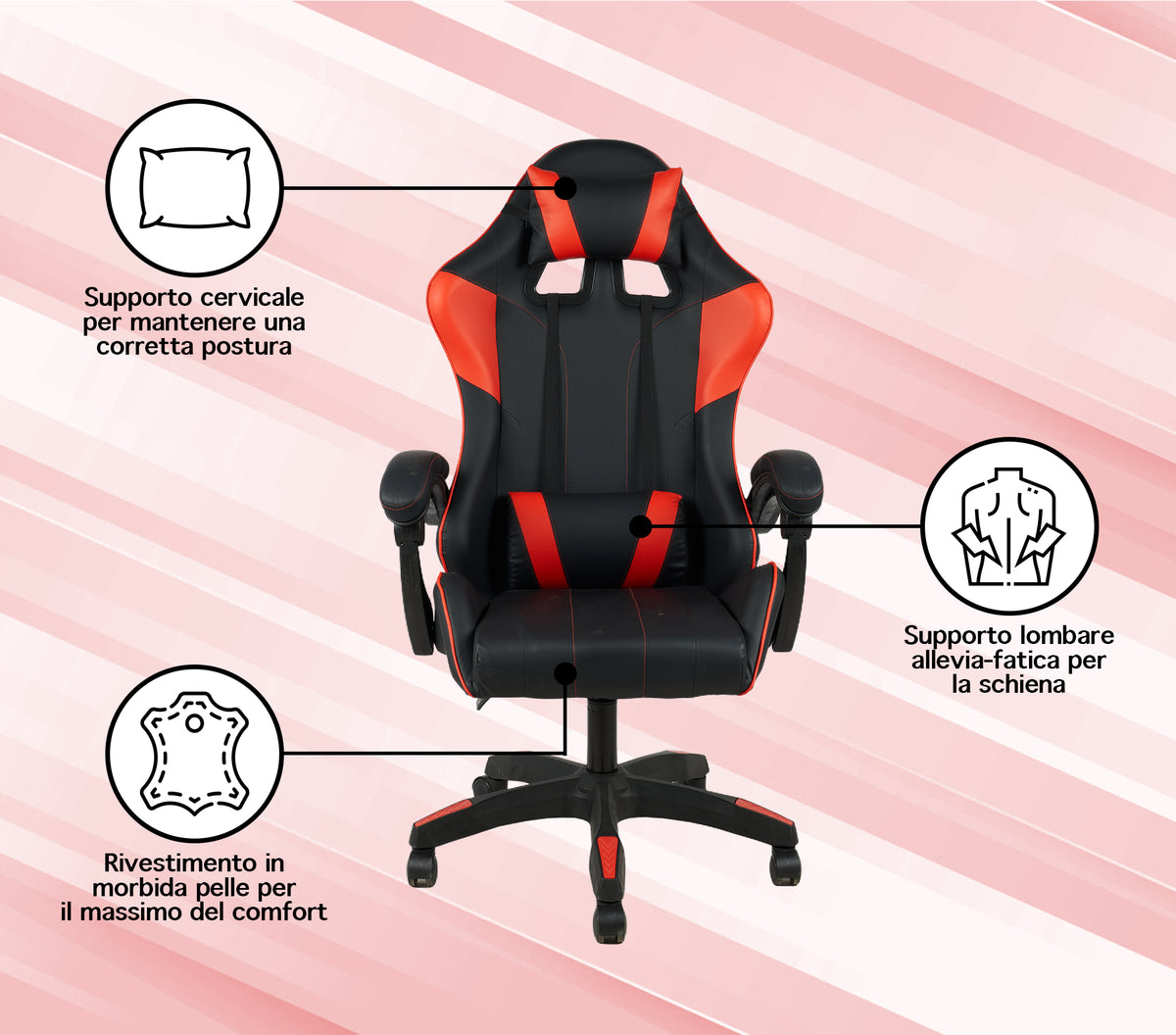 Sedia Gaming Professionale SimilPelle Reclinabile Con Braccioli Poltrona Ufficio Regolabile in Altezza Pistone Gas,Cuscino Poggiatesta E Lombare Gamer