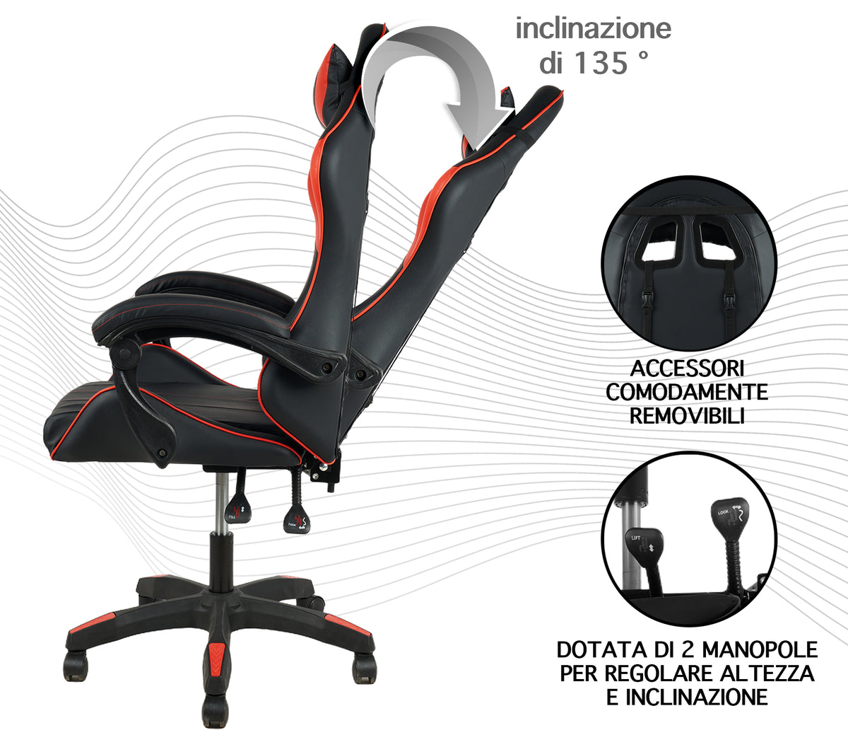 Sedia Gaming Professionale SimilPelle Reclinabile Con Braccioli Poltrona Ufficio Regolabile in Altezza Pistone Gas,Cuscino Poggiatesta E Lombare Gamer