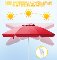 Ombrellone Da Spiaggia Grande Antivento 2.20 Metri Portatile Struttura In Acciaio A 8 Stecche Pieghevole Reclinabile Regolabile Altezza Puntale A Vite Resistente Uv