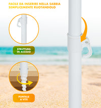 Ombrellone Da Spiaggia Grande Antivento 2.20 Metri Portatile Struttura In Acciaio A 8 Stecche Pieghevole Reclinabile Regolabile Altezza Puntale A Vite Resistente Uv