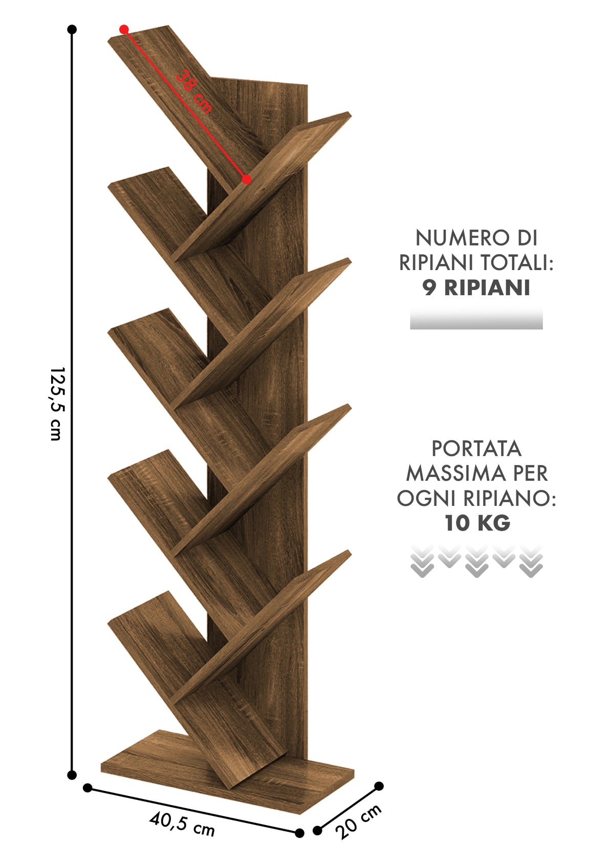 Liberia In Legno A Forma Ad Albero Scaffale 9 Ripiani Salvaspazio Verticale Camera Letto Soggiorno Studio Ufficio  Libro Mensola A Colonna Porta Libri Stile industrial Torre