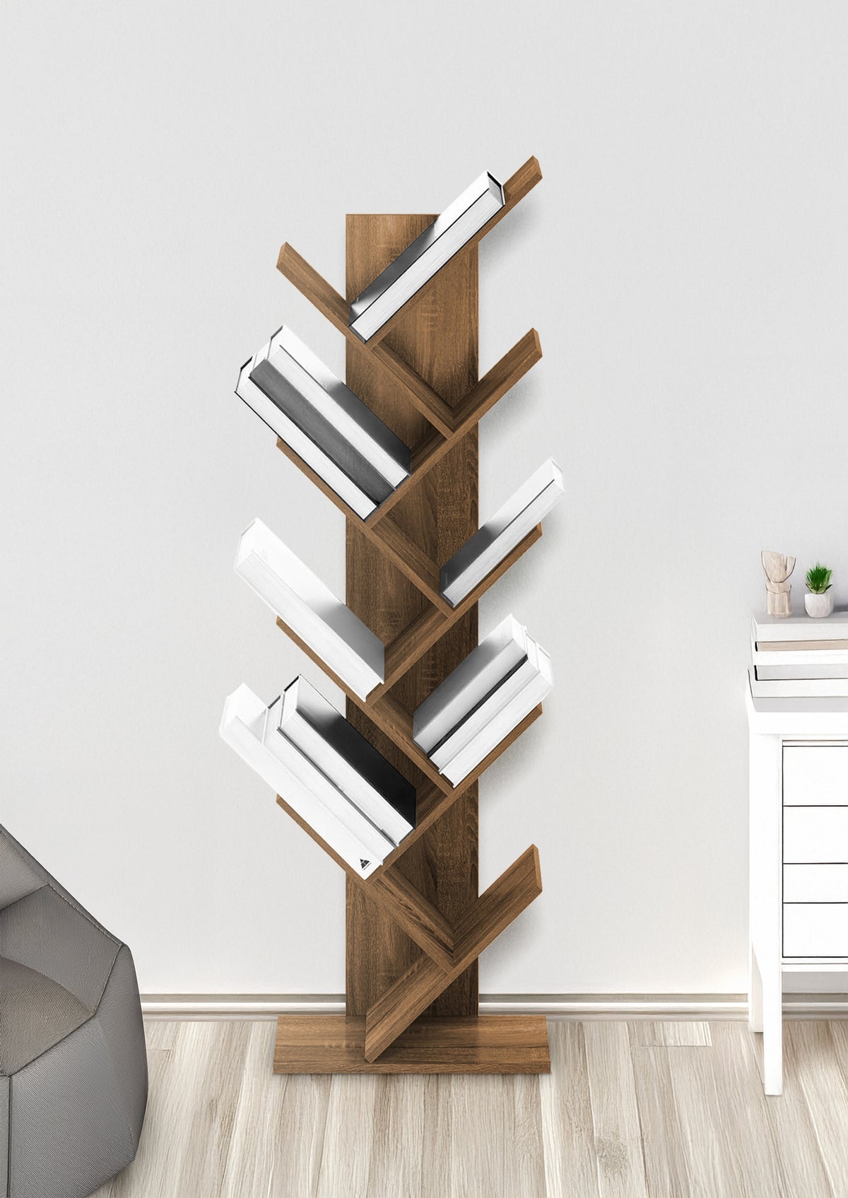 Liberia In Legno A Forma Ad Albero Scaffale 9 Ripiani Salvaspazio Verticale Camera Letto Soggiorno Studio Ufficio  Libro Mensola A Colonna Porta Libri Stile industrial Torre