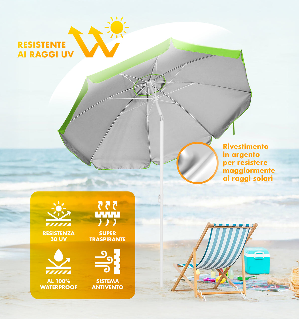 Ombrellone Da Spiaggia Grande Antivento 2.20 Metri Portatile Struttura In Acciaio A 8 Stecche Pieghevole Reclinabile Regolabile Altezza Puntale A Vite Resistente Uv