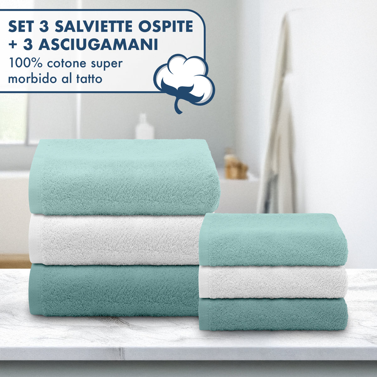 Asciugamani Bagno 100% Spugna Puro Cotone 450 Gr 6 Pezzi 3 Salvietta Viso 3 Asciugamano Ospite Mani Qualità Salviette Super Morbide Bicolore