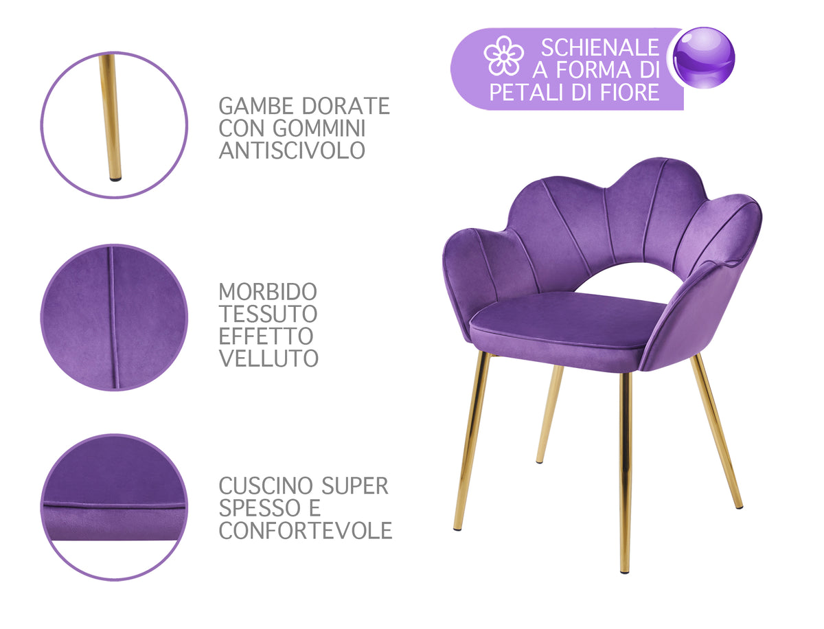 Poltrona Camera da Letto in Velluto Design Moderno, Sedia Conchiglia con Gambe in Metallo Placcato Oro Morbida Imbottita Modello Fiorella