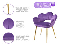 Poltrona Camera da Letto in Velluto Design Moderno, Sedia Conchiglia con Gambe in Metallo Placcato Oro Morbida Imbottita Modello Fiorella
