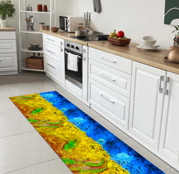 RYANZA Set Da 2 Tappeti Cucina Antifatica: Runner E Tappeto Moderni, Antiscivolo, Imbottiti, Fantasia Astratta - Giallo E Blu