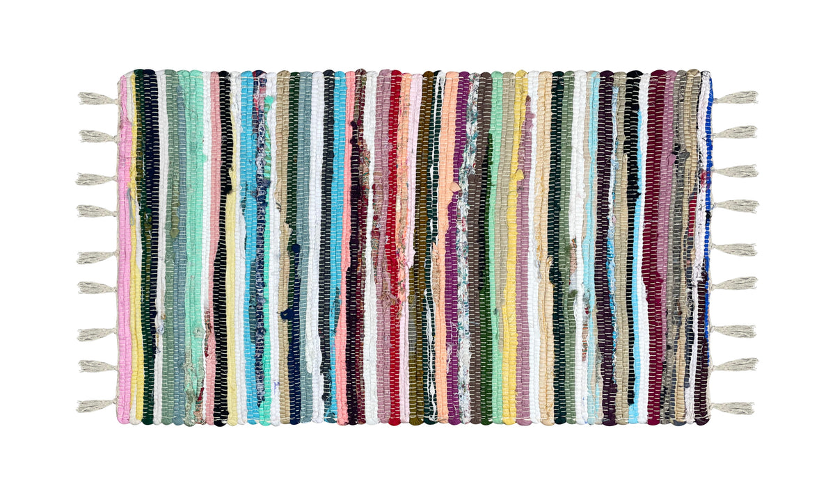 Tappeto Passatoia Multicolore Con Nappe Cotone Naturale Fatto a Mano Etnico Rettangolare Chindi Stracci Riciclato Scendiletto