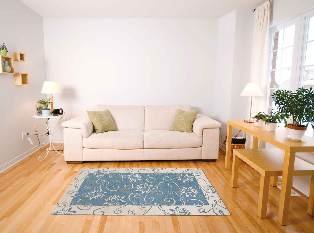 Tappeto Arredo Moderno Antiscivolo in Ciniglia Made in italy Disegni Piazzati Cotone Ninfea Azzurro