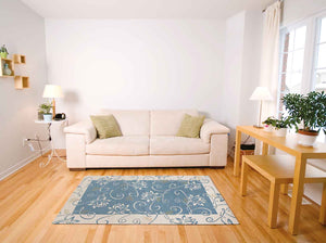 Tappeto Arredo Moderno Antiscivolo in Ciniglia Made in italy Disegni Piazzati Cotone Ninfea Azzurro
