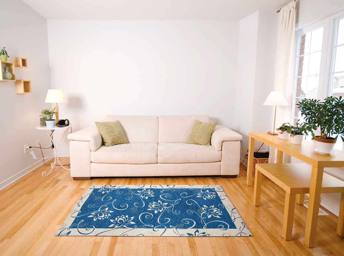 Tappeto Arredo Moderno Antiscivolo in Ciniglia Made in italy Cotone Ninfea Blu